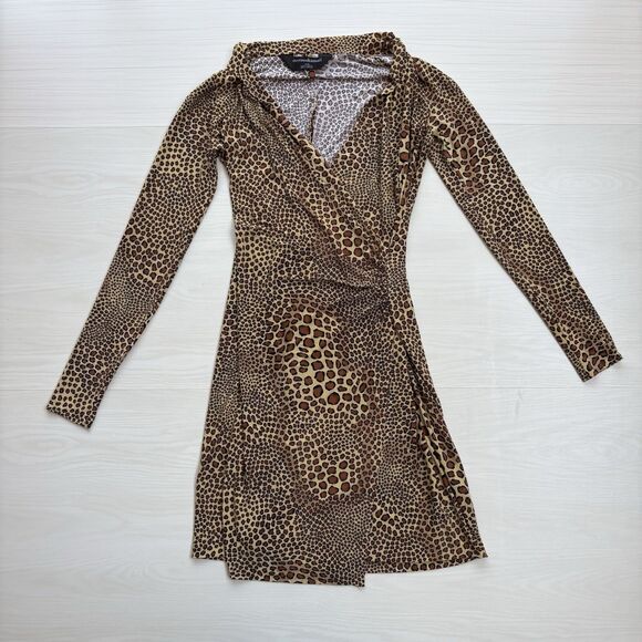 Norma Kamali Women Small Faux Wrap Dress Long Sleeve Side Drape Animal Print - Picture 13 of 14